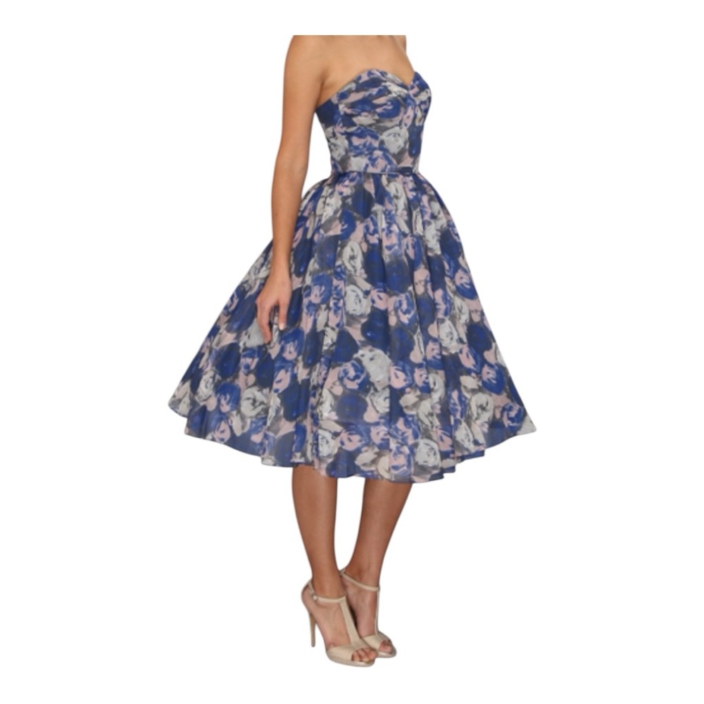 Unique Vintage Chic Strapless Floral Dress Blue Pink Size Medium Cottage Core
